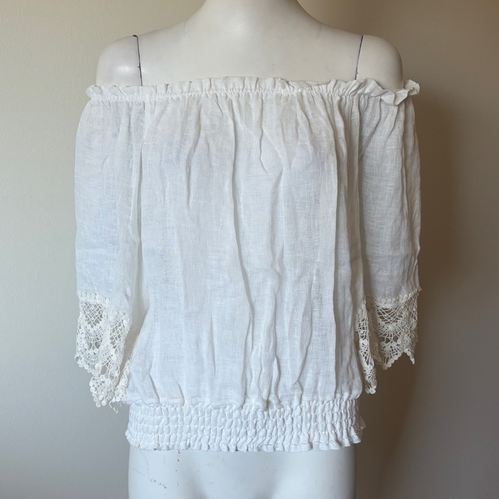 Woodstock White Off-Shoulder Boho Peasant
Blouse Lace Trim Smocked One size Top